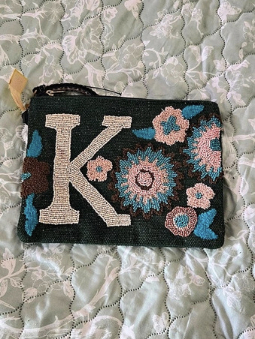AMERICA & BEYOND Beaded and Tufted Monogram Pouch-K Initial K Initial Floral